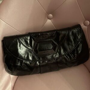 Glossy Black Clutch with Textured Finish and Chain Strap